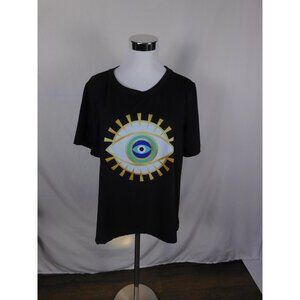 Shein Curve Shirt Womens 1XL Black Graphic Evil Eye Gold Foil Short Sleeve Tee